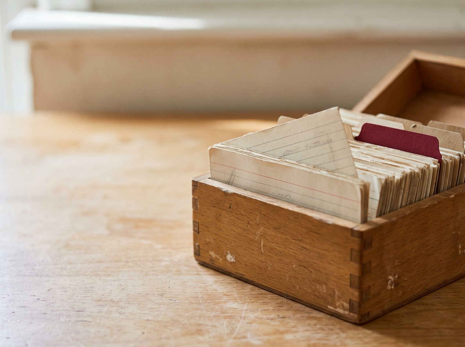 Ein hölzerner Karteikasten mit gebrauchten Karten und einem roten Register steht auf einem Werktisch