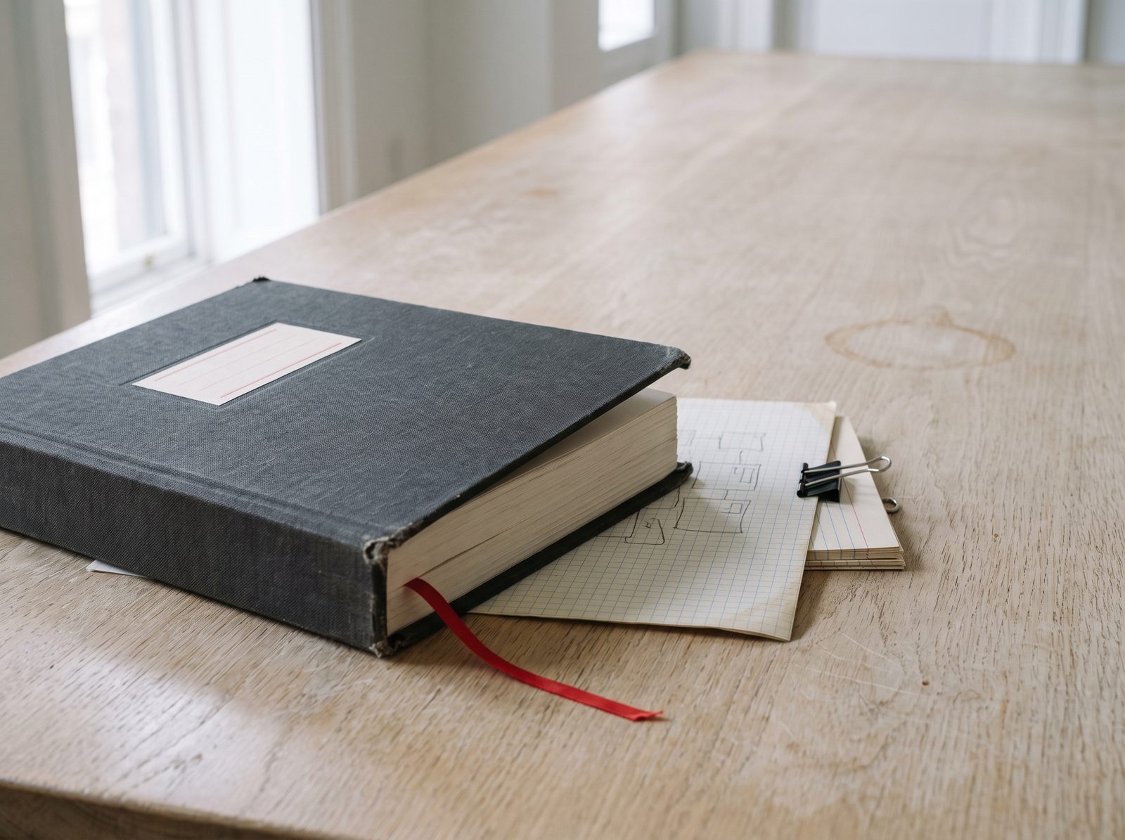 Eine leinengebundene Projektakte mit rotem Lesebändchen liegt im Tageslicht auf einem hellen Eichentisch, daneben ein Bogen Karopapier mit einer Bleistift-Skizze