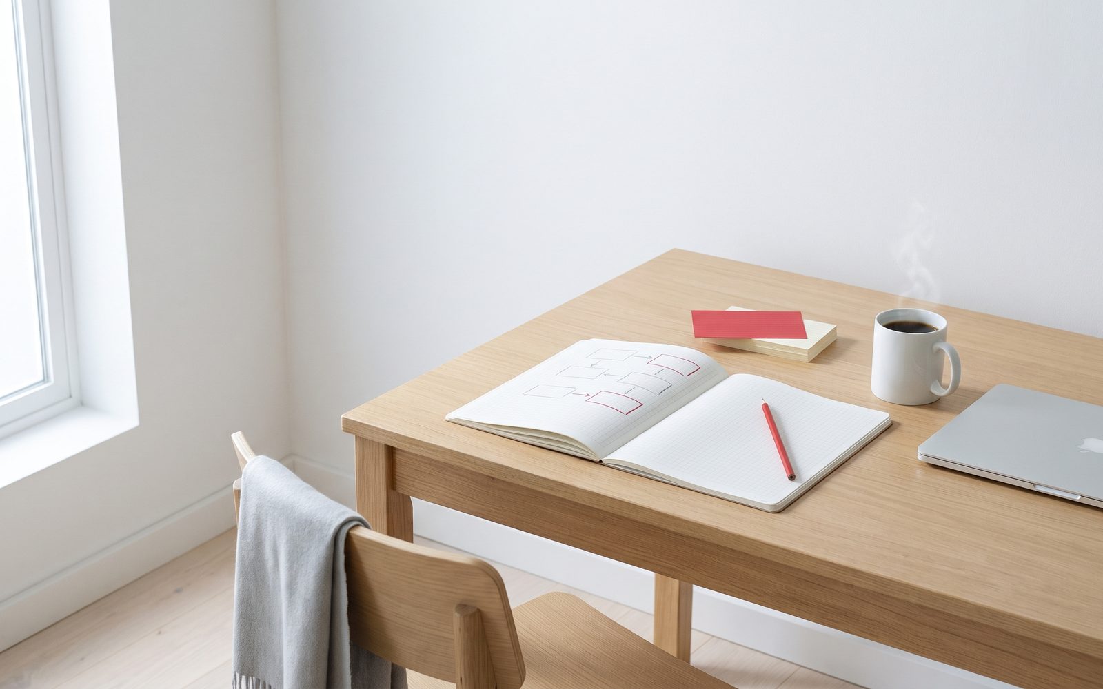 Ein aufgeräumter Schreibtisch am Vormittag: offenes Notizbuch mit einer rot gezeichneten Ablaufskizze, roter Stift, rote Karteikarte, Kaffee