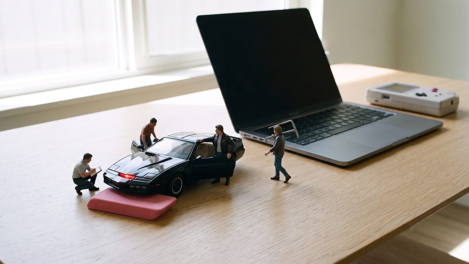 Miniatur-Szene auf einem Schreibtisch: winzige Figuren arbeiten neben einem Laptop an einem schwarzen Sportwagen